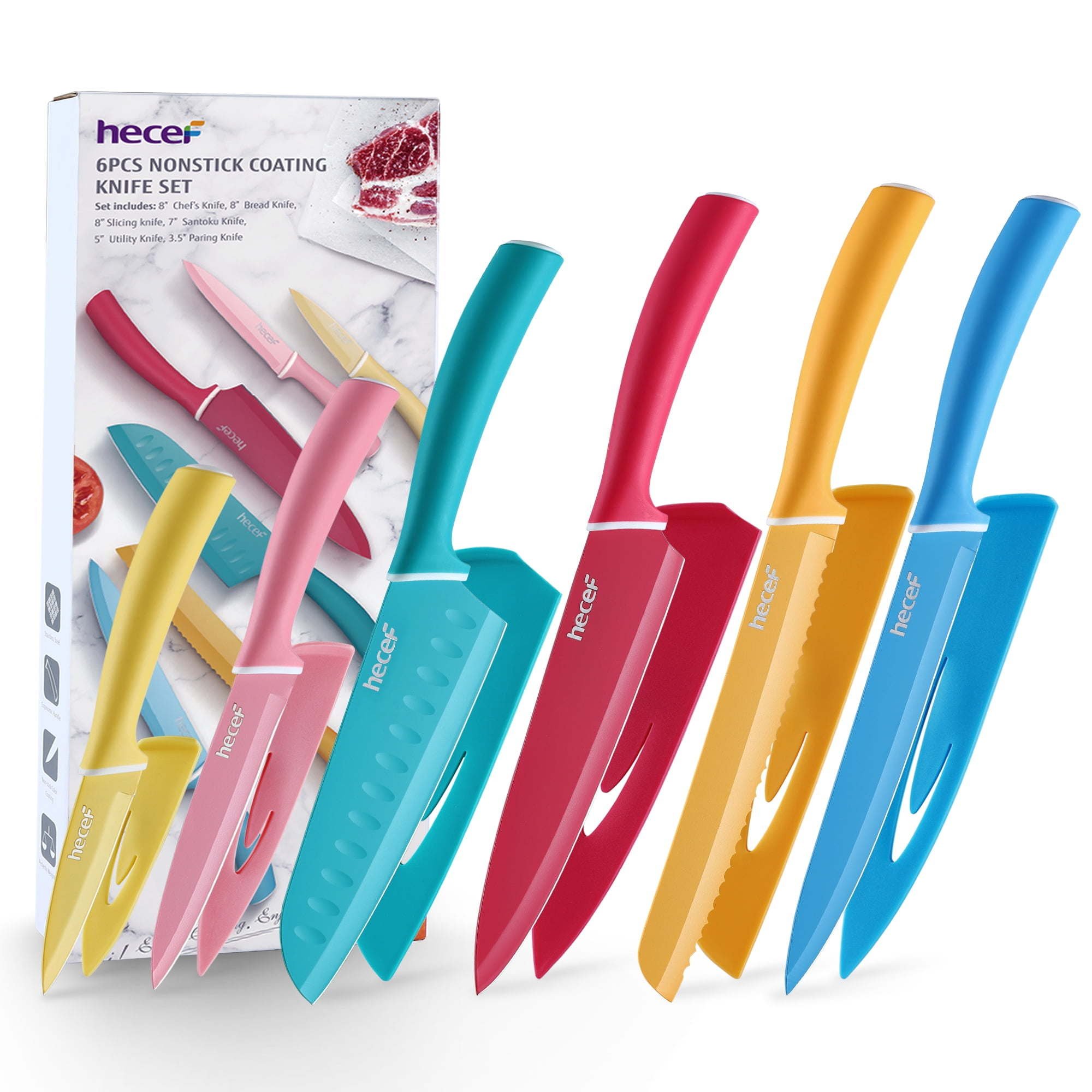 Hecef Kitchen Knife Set, 6-Piece Stainless Steel Colorful Chef Cooking Knives with Sheaths, Ergonomic Handles Hecef Kitchen Knife Set, 6-Piece Stainless Steel Colorful Chef Cooking Knives with Sheaths, Ergonomic Handles